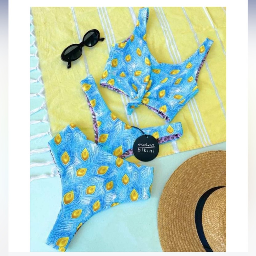 Moana Bikini 3 Piece Set: Peacock Leopard Top, High Waisted BTMs & Vee BTMs